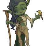 Color illustration of a female goblin with long hair and a small yellow bird friend. Art by mrlich.