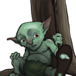 Color illustration of a tired goblin sitting at the base of a tree. We can see that his shoe has a hole worn in the bottom of it. Art by mrlich.