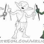 Three stages of goblin illustration. Sketch, inks, and color render.